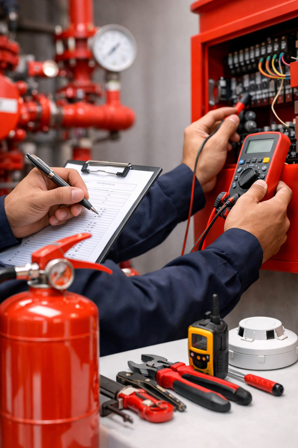 Fire Emergency Proactive Protection Services فني متخصص يفحص نظام إنذار الحريق أثناء صيانة دورية في جدة