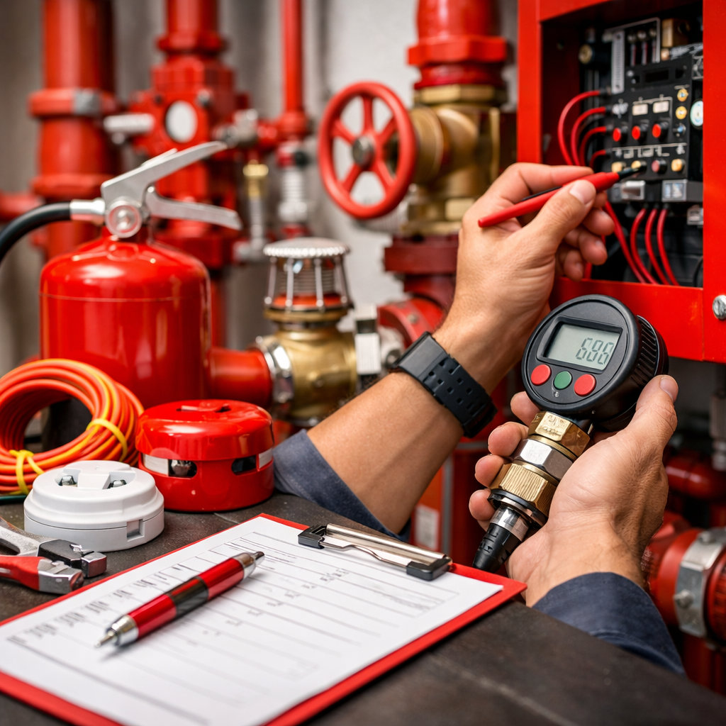 Fire Emergency Proactive Protection Services technician inspecting fire safety system in Jeddah